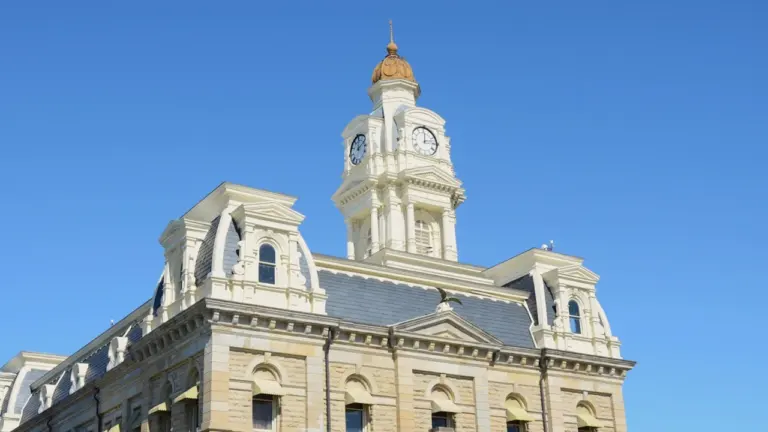 Bâtiment municipal historique avec une tour d'horloge sous un ciel bleu dégagé.