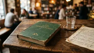 Un vieux livre vert avec une partition musicale et un verre sur une table rustique.