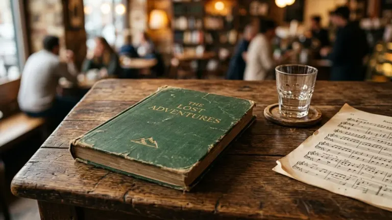 Un vieux livre vert avec une partition musicale et un verre sur une table rustique.