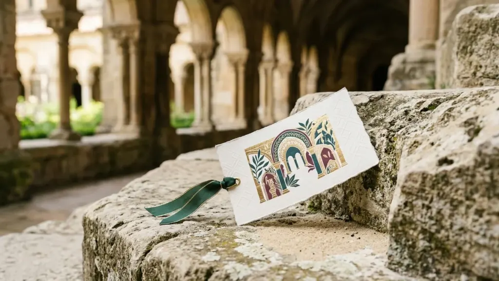 Une carte blanche décorée avec des motifs colorés posée sur une pierre ancienne sculptée.