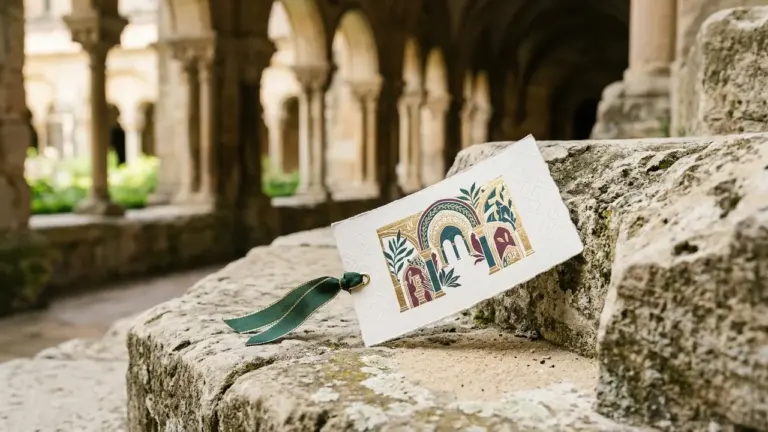 Une carte blanche décorée avec des motifs colorés posée sur une pierre ancienne sculptée.