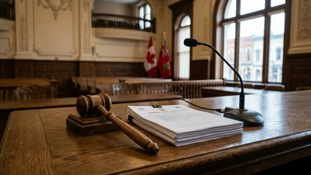 Un marteau de juge et des documents officiels posés sur une table de tribunal.