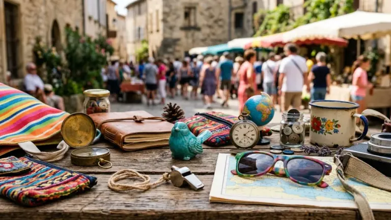 Objets de voyage sur une table en bois avec un marché animé en arrière-plan.