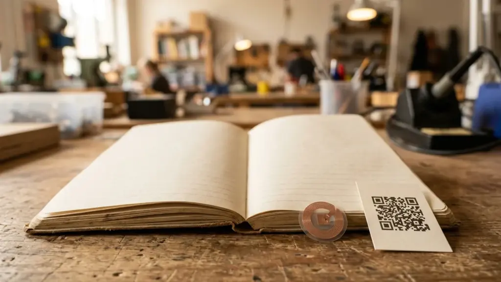 Un carnet ouvert posé sur une table d'atelier avec une puce NFC et un QR-code.