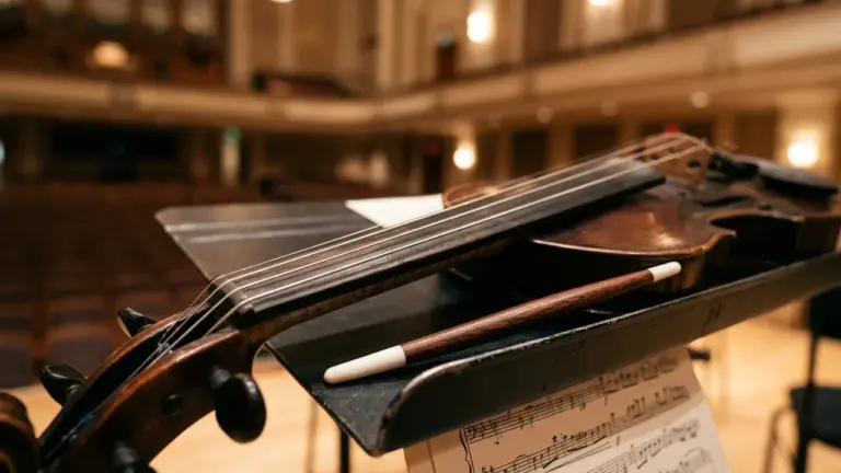 Un violon et une baguette de chef d'orchestre posés sur un pupitre avec partitions.