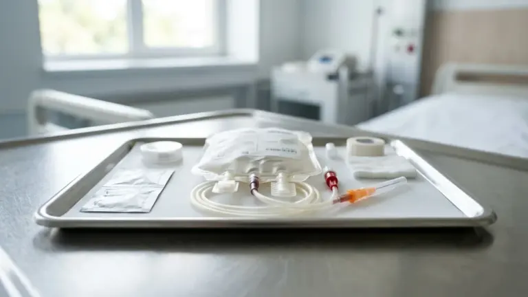 Un plateau médical en métal contenant une poche de perfusion avec des tubes stériles.