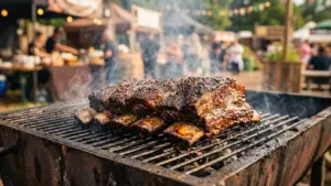 De grosses côtes de bœuf fumantes grillent sur un barbecue lors d'un événement culinaire extérieur.