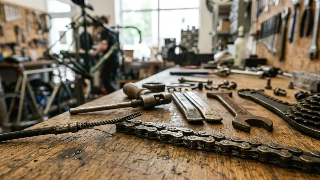 Outils de réparation de vélos et chaîne disposés sur un établi en bois atelier.