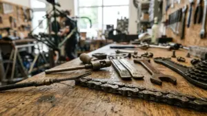 Outils de réparation de vélos et chaîne disposés sur un établi en bois atelier.