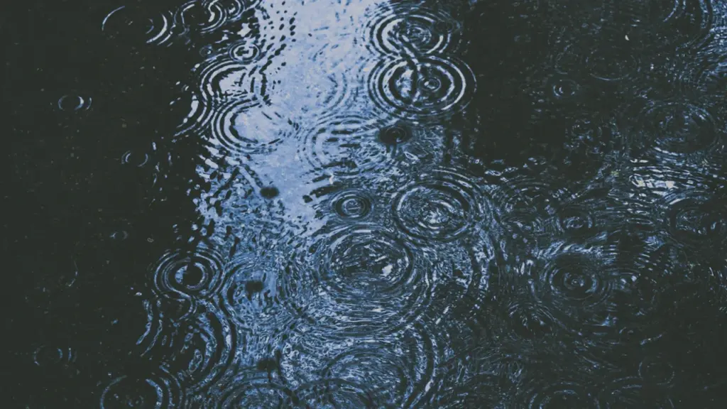 Gouttes de pluie tombant dans une flaque d'eau créant des cercles concentriques.