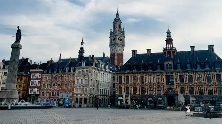 Vue d'ensemble d'une grande place historique lilloise avec des bâtiments et un monument central.