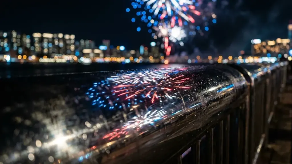 Feux d'artifice éclatants se reflétant sur une rambarde métallique humide devant une ville nocturne.