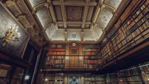 Vue intérieure majestueuse d'une bibliothèque patrimoniale française aux plafonds décorés.