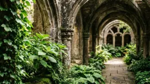 Allée en pierre ancienne bordée de plantes vertes luxuriantes sous des arches gothiques.