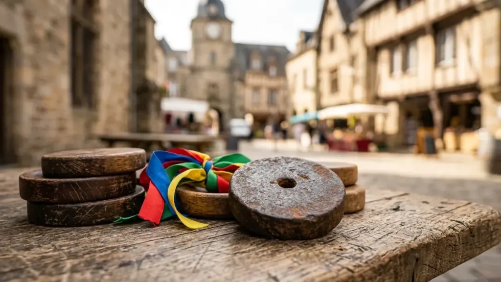 Disques de pierre et rubans colorés posés sur une table en bois ancienne.