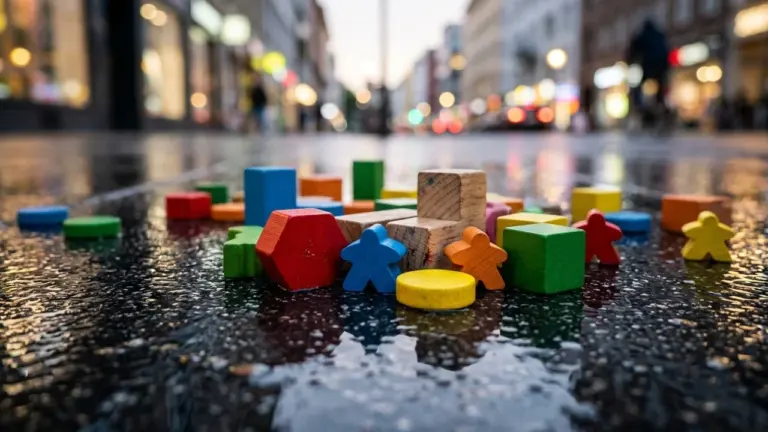 Des pièces de jeux en bois colorées éparpillées sur le sol mouillé d'une ville.