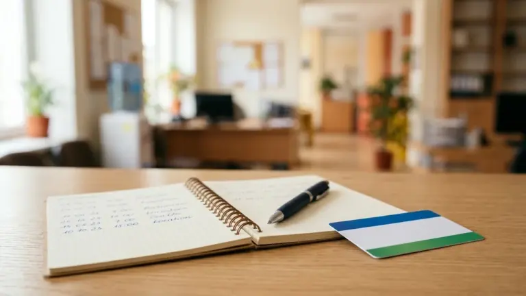 Un carnet ouvert avec un stylo et une carte rectangulaire sur un bureau professionnel.