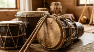 Plusieurs tambours traditionnels en bois et peau cordés posés sur un plancher en bois.