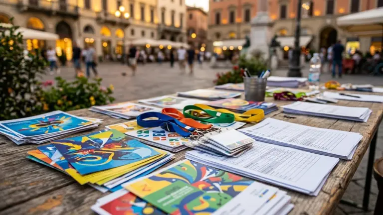 Une table en bois avec des brochures colorées, des badges et formulaires sur une place.