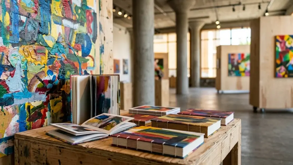 Des livres d'art colorés posés sur une table en bois dans une galerie lumineuse.