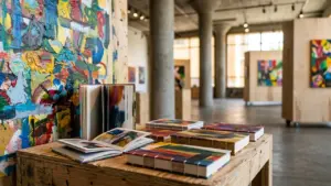 Des livres d'art colorés posés sur une table en bois dans une galerie lumineuse.