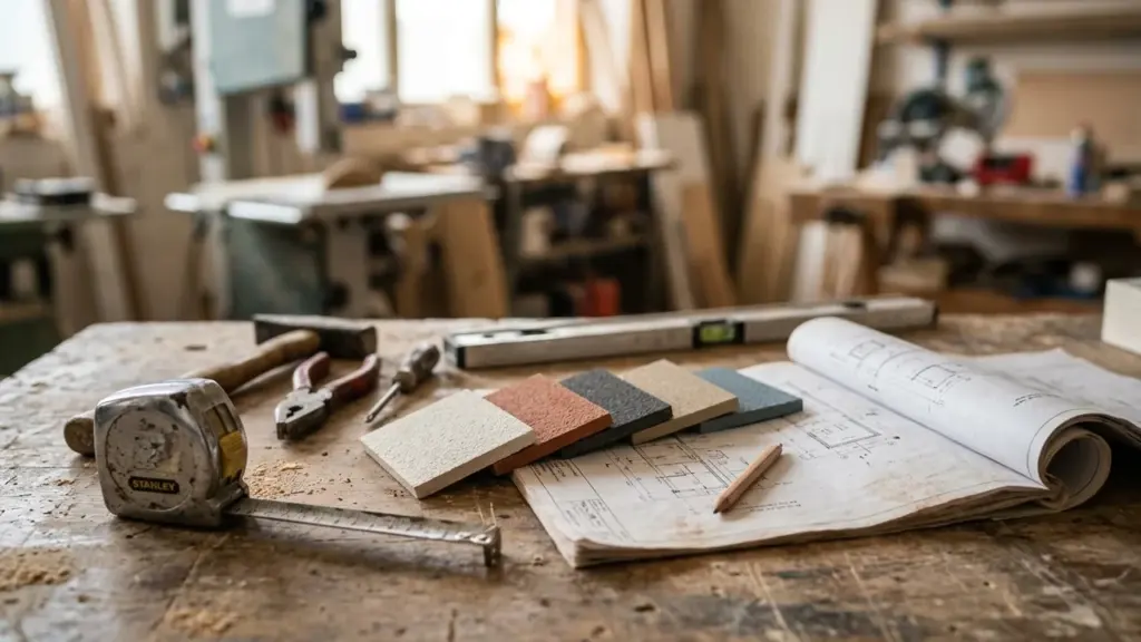Mètre ruban, outils, échantillons de matériaux et plans architecturaux posés sur un établi en bois.