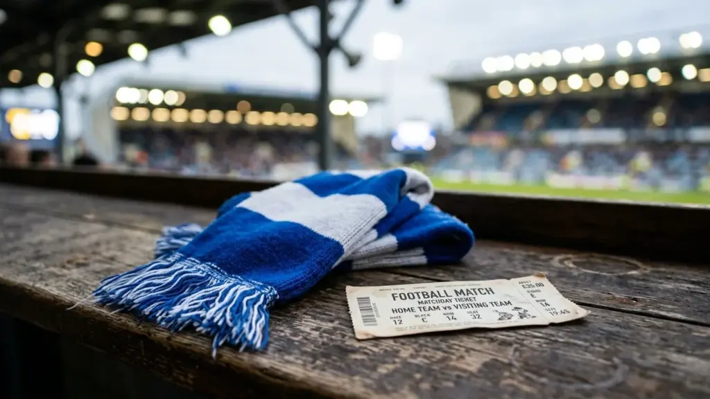 Une écharpe bleue et blanche posée sur un banc en bois devant un stade.