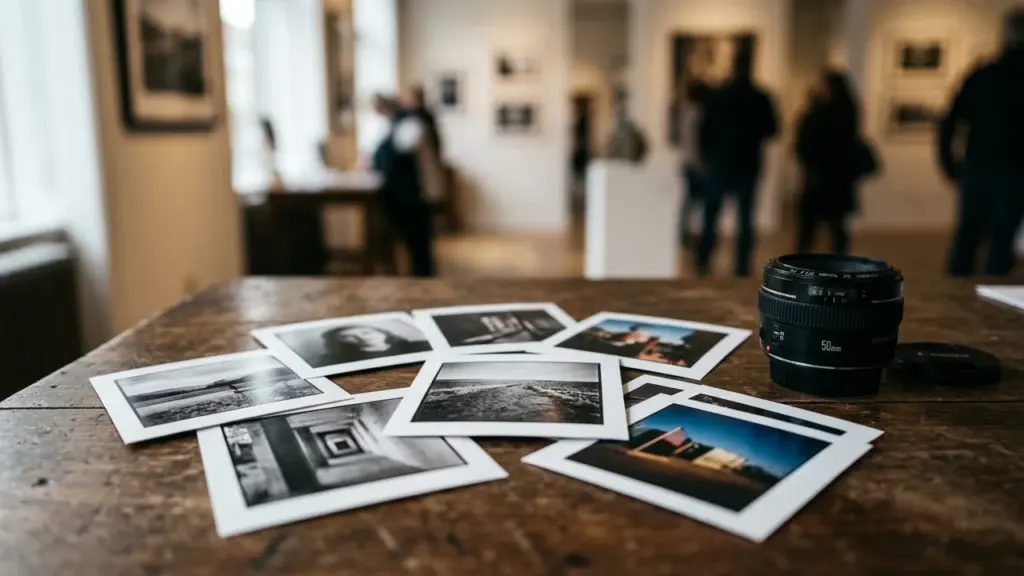 Plusieurs photographies imprimées posées sur une table en bois avec un objectif d'appareil photo.
