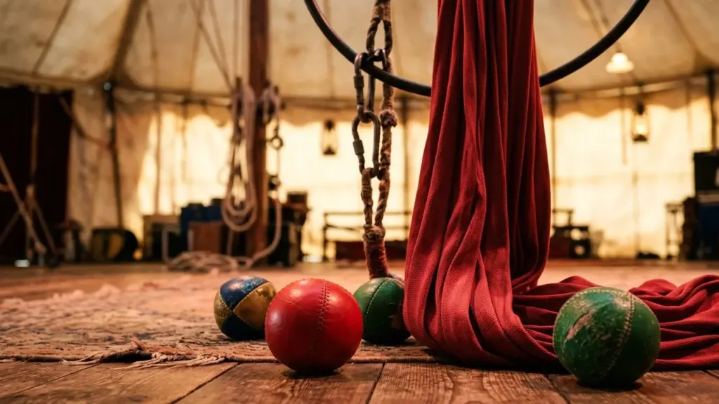 Ballons de jonglage colorés posés sur un sol en bois sous un chapiteau de cirque.