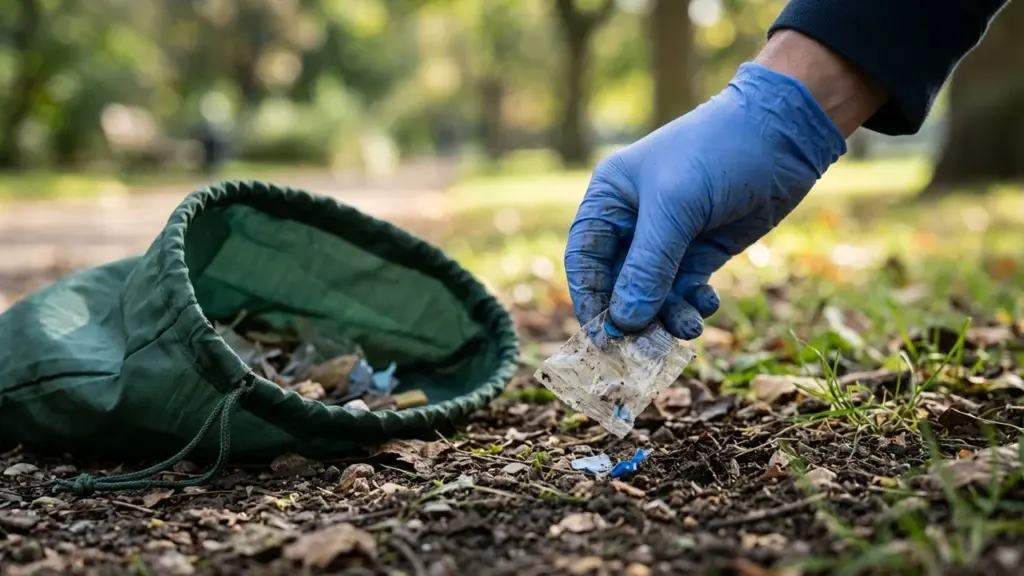 Une main gantée de bleu ramasse des déchets plastiques sur le sol d'un parc.