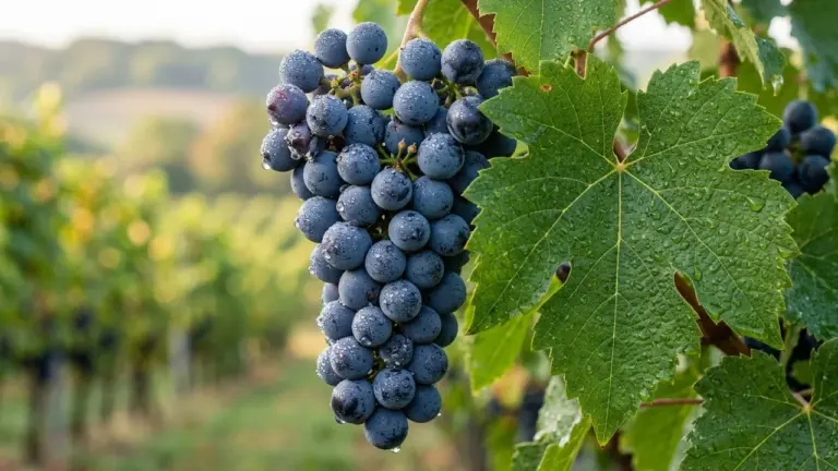 Une grappe de raisin noir avec des gouttelettes d'eau devant des feuilles de vigne.