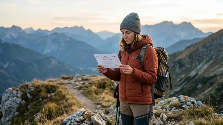 Une femme randonneuse avec un bonnet et un sac à dos lit une carte.