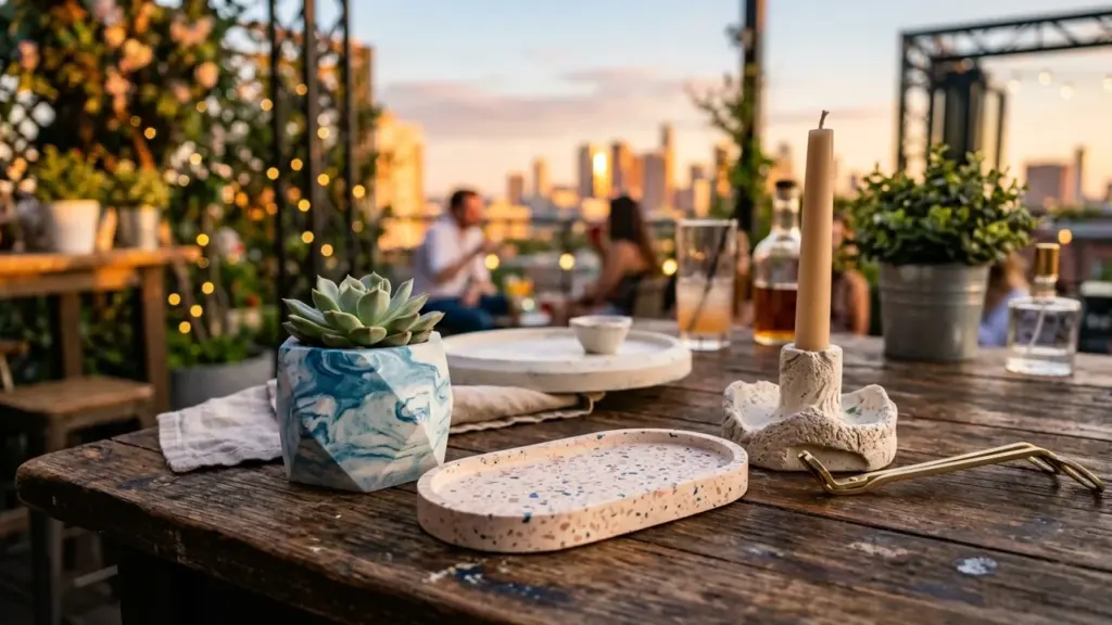Une table en bois avec une plante succulente, un plateau décoratif et une bougie allumée.