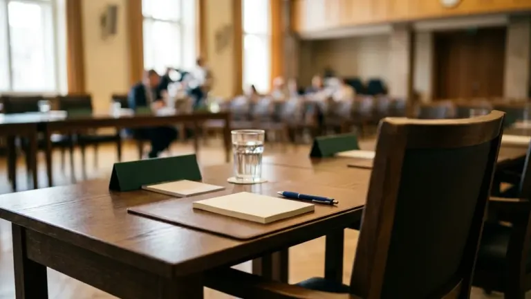 Une table en bois avec un carnet, un stylo et un verre d'eau en salle