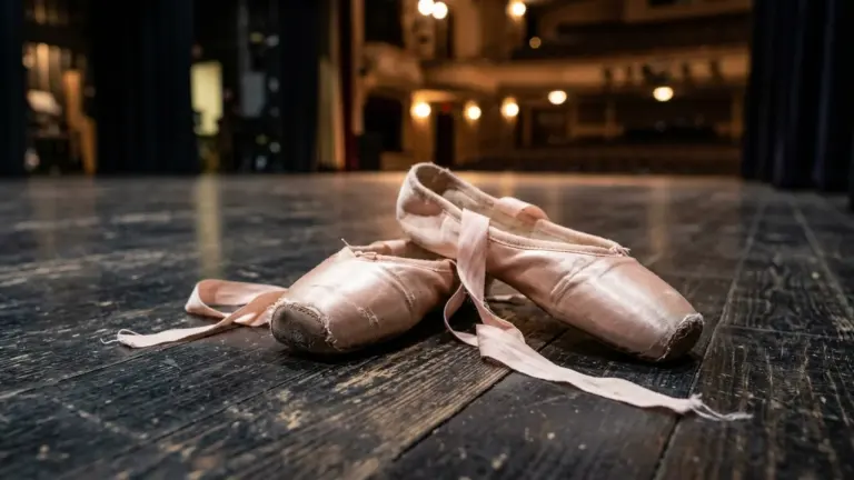Une paire de pointes de ballet rose usées posée sur la scène en bois sombre.