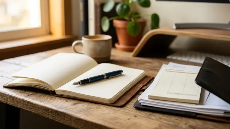 Un carnet ouvert avec un stylo plume sur un bureau en bois près d'une tasse.