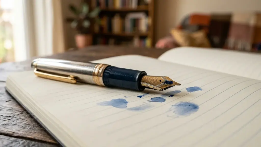 Un stylo plume posé sur un carnet ouvert présentant des taches d'encre bleue.