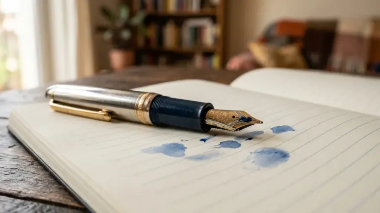 Un stylo plume posé sur un carnet ouvert présentant des taches d'encre bleue.