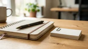 Carnet à spirales avec un stylo posé sur une table en bois près d'un bureau.