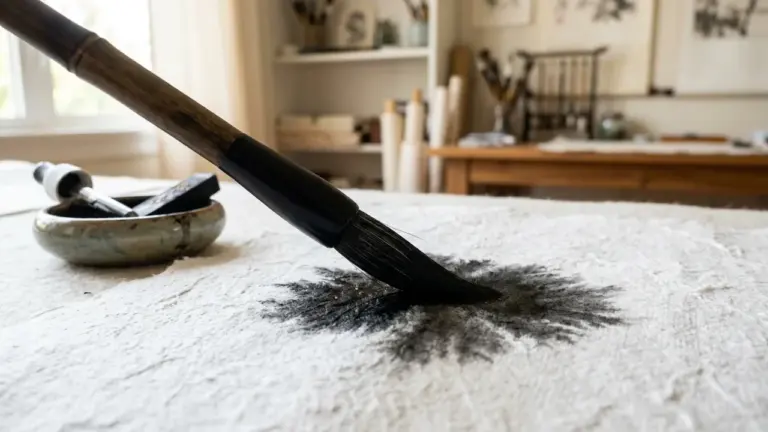 Un pinceau de calligraphie chinoise trempe dans une tache d'encre noire sur papier texturé.