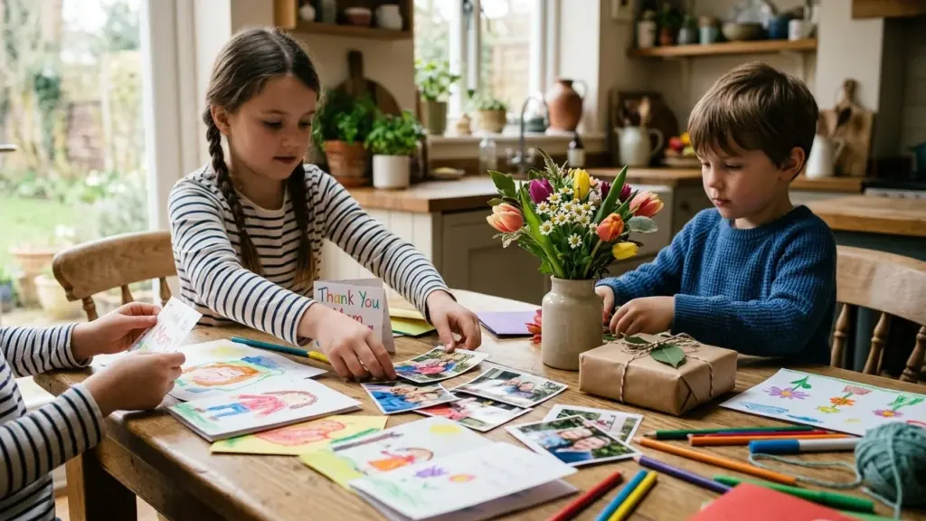 Deux enfants assemblent des cartes et des photos artisanales sur une table de cuisine.