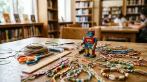 Un robot jouet entouré de bracelets artisanaux et d'outils sur une table de bibliothèque.