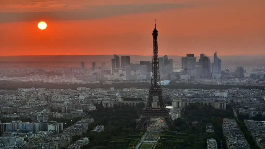 Vue panoramique de Paris au coucher du soleil sous un ciel orange intense.
