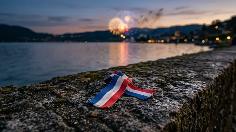 Un ruban aux couleurs bleu, blanc et rouge posé sur un muret en pierre.