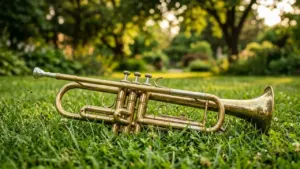 Une trompette en laiton posée horizontalement sur l'herbe verte d'un parc ensoleillé.