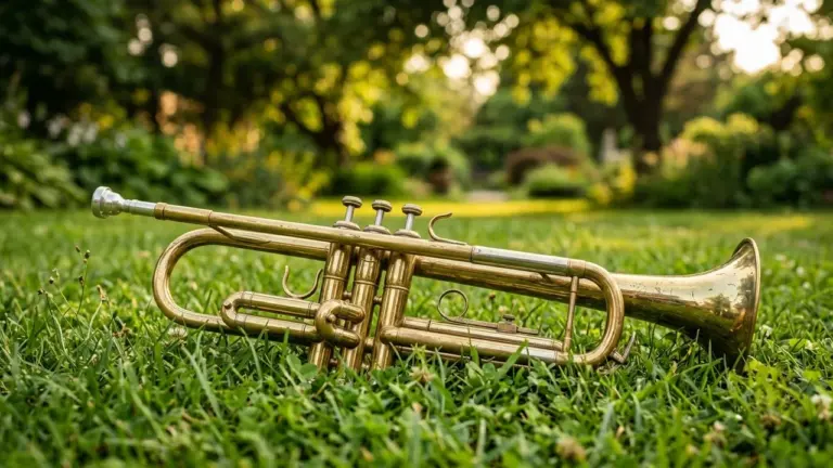 Une trompette en laiton posée horizontalement sur l'herbe verte d'un parc ensoleillé.