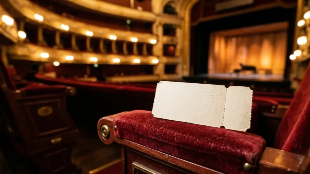 Un billet vierge posé sur un siège en velours rouge dans un théâtre historique.