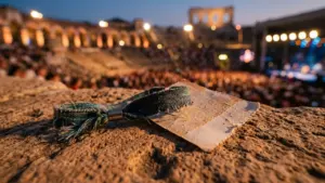Un bracelet de festival en tissu posé sur un muret devant une foule floue.