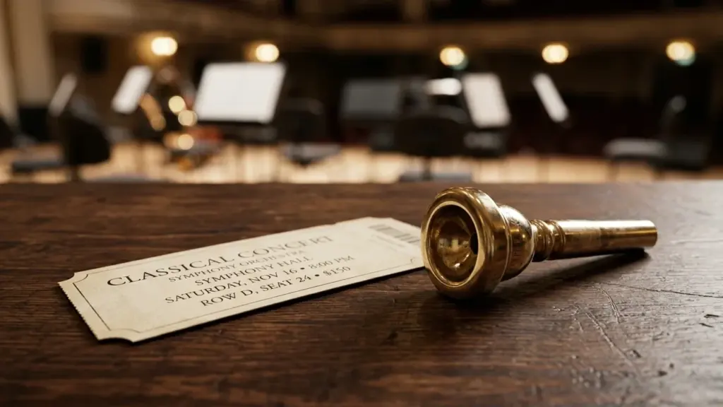 Un billet de concert classique et une embouchure de trompette sur une table en bois.