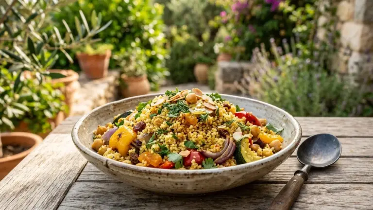 Un bol en céramique rempli de couscous aux légumes, pois chiches et amandes effilées.